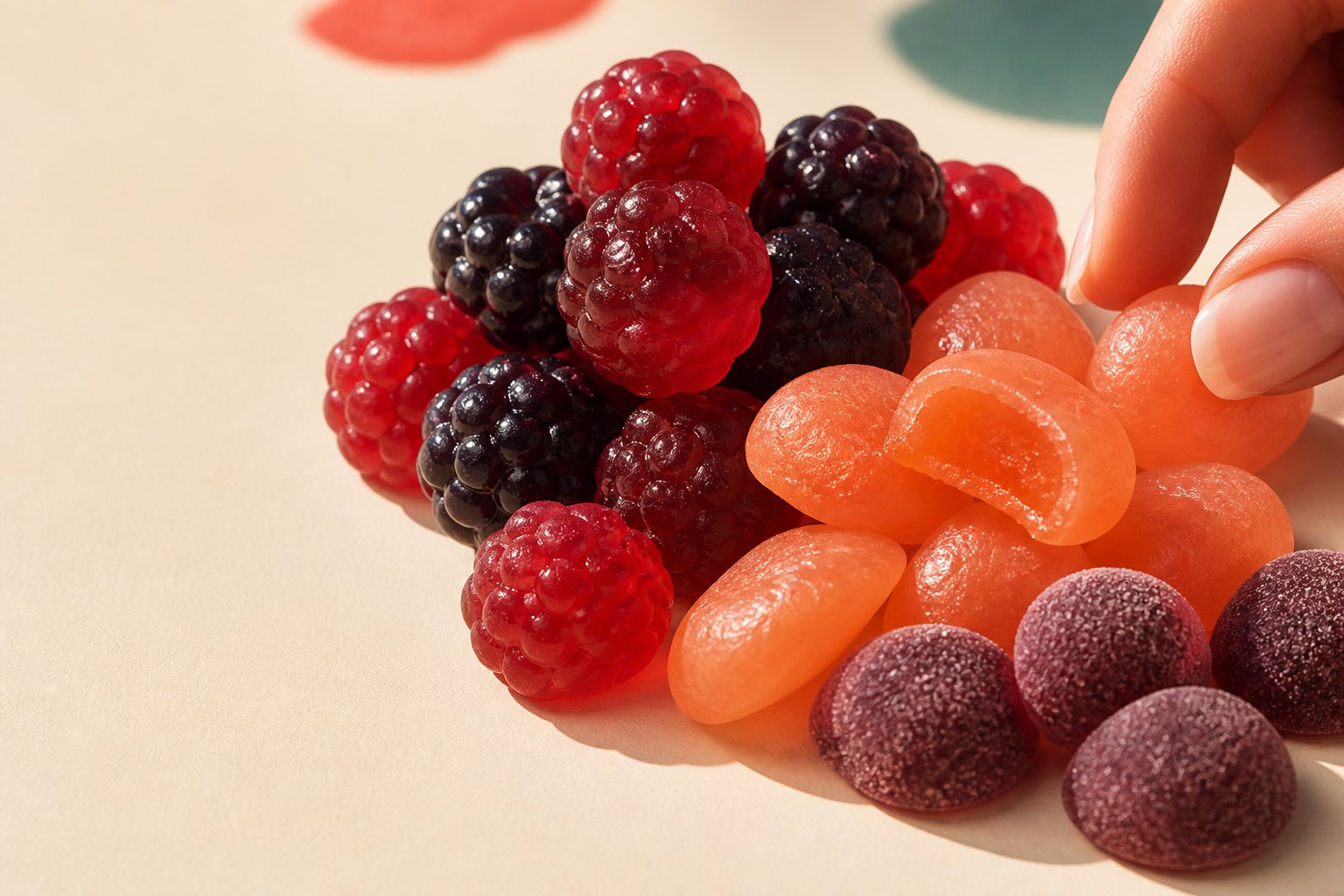 Development render of glossy berry gummies, peach-colored rings and sugar-dusted berry candies